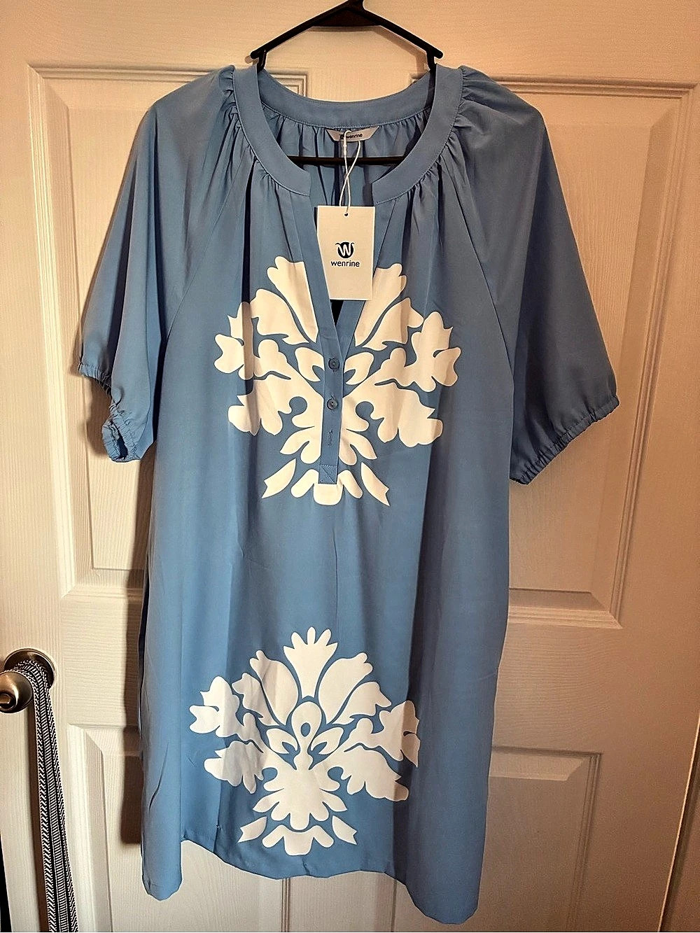 Wenrine Blue & White Embroidered Mini Dress